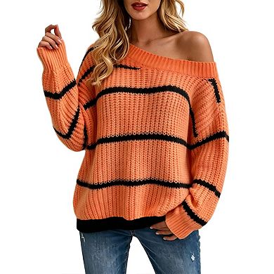 Women's Drop Shoulder Striped Sweater Oversized Color Block Knit Going Out Long Sleeve Pullover Tops