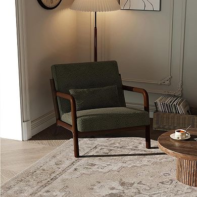Mid Century Wood Frame Accent Chair Multi Fabric Lumbar Pillow Single Lounge Armchair