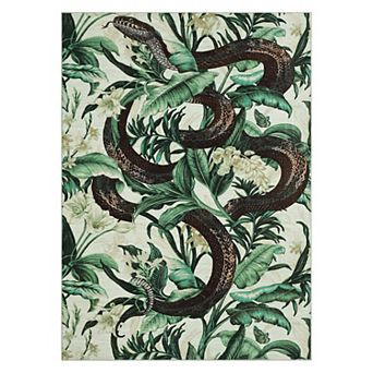 Tropical Jungle Snake Floral Printed Area Rug Machine Washable Soft Low-Pile Non-Slip Floor Carpet