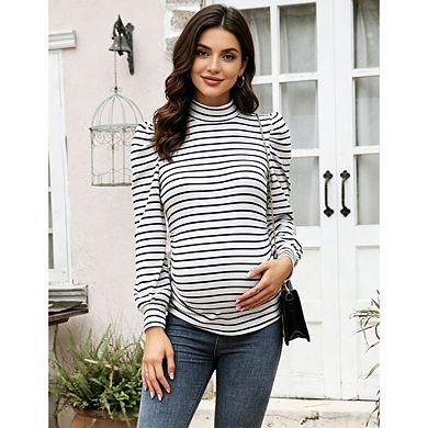 Women's Maternity Mock Neck and Ruched Detail Long Sleeve Tunic Pullover Striped Top