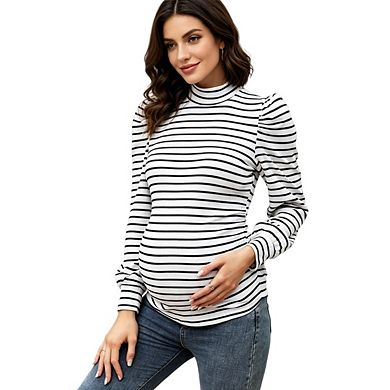 Women's Maternity Mock Neck and Ruched Detail Long Sleeve Tunic Pullover Striped Top