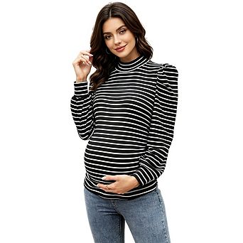 Women's Maternity Mock Neck and Ruched Detail Long Sleeve Tunic Pullover Striped Top