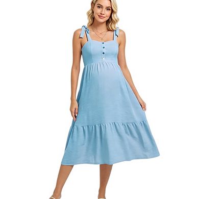 Women's Maternity Boho Spaghetti Strap Solid Color Ruffle A Line Beach Long Dress