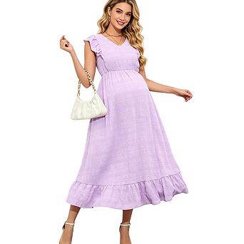 Womens Maternity Sleeveless Smocked V Neck Ruffle Casual Boho Midi Dress Baby Shower Photoshoot