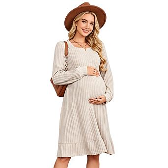 Women Maternity Crew Neck Long Sleeve Solid Color High Waist Tunic Dress