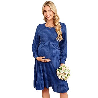 Women Maternity Crew Neck Long Sleeve Solid Color High Waist Tunic Dress
