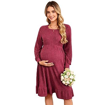 Women Maternity Crew Neck Long Sleeve Solid Color High Waist Tunic Dress