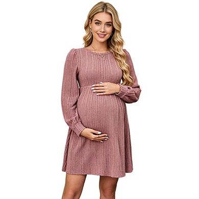 Women Maternity Lantern Sleeve Crew Neck A-Line Swing Knit Casual Loose Pullover Dresses