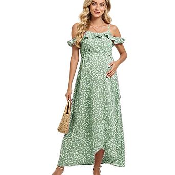 Women Maternity Off Shoulder Ruffles Flowy Maxi Pregnancy Dress for Baby Shower