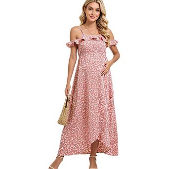 Women Maternity Off Shoulder Ruffles Flowy Maxi Pregnancy Dress for Baby Shower