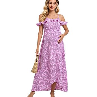 Women Maternity Off Shoulder Ruffles Flowy Maxi Pregnancy Dress for Baby Shower