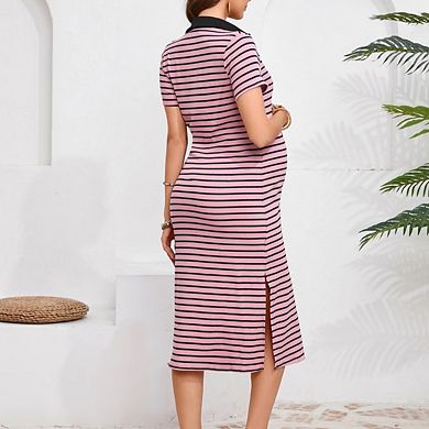Women Maternity Short Sleeved Button Down Half-Open Collar Striped Dress