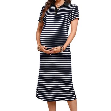 Women Maternity Short Sleeved Button Down Half-Open Collar Striped Dress