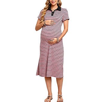Women Maternity Short Sleeved Button Down Half-Open Collar Striped Dress