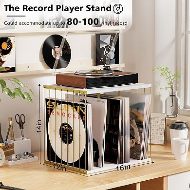 Large Capacity 80+ Vinyl Record Storage Rack Metal & Wood Record Shelf Organizer