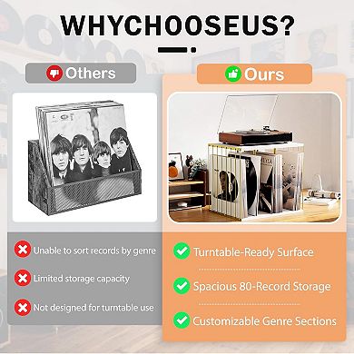 Large Capacity 80+ Vinyl Record Storage Rack Metal & Wood Record Shelf Organizer