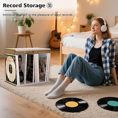 Large Capacity 80+ Vinyl Record Storage Rack Metal & Wood Record Shelf Organizer