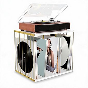 Large Capacity 80+ Vinyl Record Storage Rack Metal & Wood Record Shelf Organizer