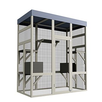 Wooden Catio Enclosure 70" Large Outdoor Cat House with 5 Platforms, 2 Resting Areas & UV-Protect