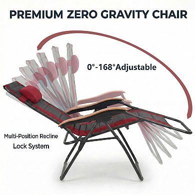 BAOURE Padded Zero Gravity Chair Oversized Folding Patio Recliner with Wooden Armrests and Tray