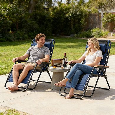 BAOURE Padded Zero Gravity Chair Oversized Folding Patio Recliner with Wooden Armrests and Tray
