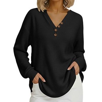 Women's Waffle Knit V Neck Henley Long Sleeve Top Wooden Button Loose Casual Daily Pullover Blouse