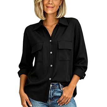 Women's Button Down Long Sleeve Shirt Lapel Collar Dual Chest Pocket Loose Casual Solid Blouse