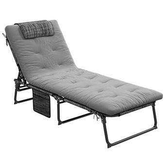 BAOURE Gray Folding Chaise Lounge with Tufted Cushion and Four Level Reclining Steel Frame