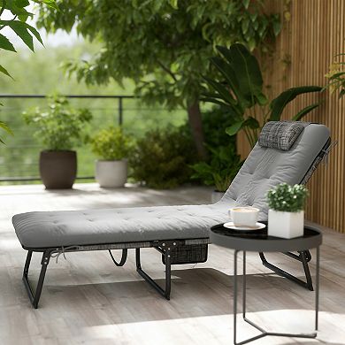 BAOURE Gray Folding Chaise Lounge with Tufted Cushion and Four Level Reclining Steel Frame