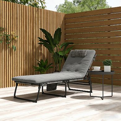BAOURE Gray Folding Chaise Lounge with Tufted Cushion and Four Level Reclining Steel Frame
