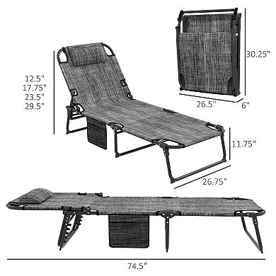 BAOURE Gray Folding Chaise Lounge with Tufted Cushion and Four Level Reclining Steel Frame