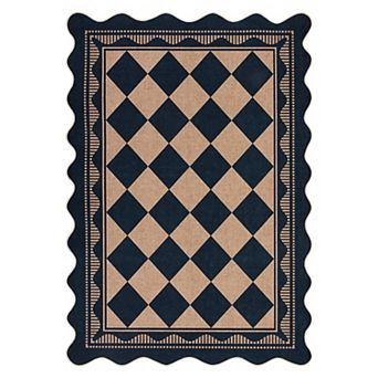Machine Washable Diamond Pattern Low Pile Soft Stain-Resistant Area Rug with Scalloped Wavy Border