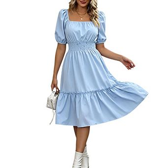 Women's Square Neck Puff Short Sleeve Dress Smocked Waist Tiered Ruffle Flowy Swing Midi Dresses
