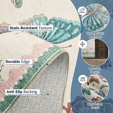 Butterfly Machine Washable Area Rug Soft Non-Shedding Non-Slip Stain-Resistant Multi-Color Carpet