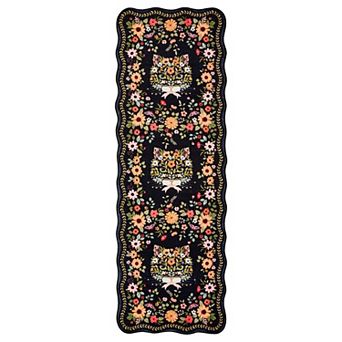 Scalloped Edge Cat Floral Washable Area Rug Non-Slip Non-Shedding Stain-Resistant Carpet for Bedroom