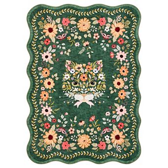 Scalloped Edge Cat Floral Washable Area Rug Non-Slip Non-Shedding Stain-Resistant Carpet for Bedroom