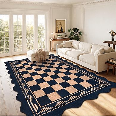 Wave Edge Checkerboard Pattern Washable Area Rug Stain ＆ Wear-Resistant Soft Low-Pile Carpet