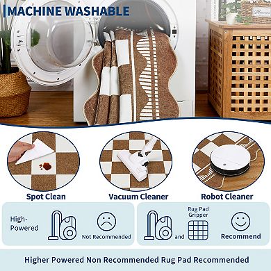 Wave Edge Checkerboard Pattern Washable Area Rug Stain ＆ Wear-Resistant Soft Low-Pile Carpet