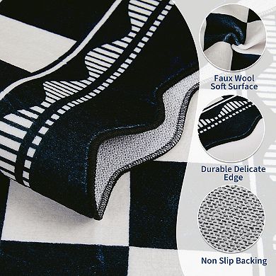 Wave Edge Checkerboard Pattern Washable Area Rug Stain ＆ Wear-Resistant Soft Low-Pile Carpet