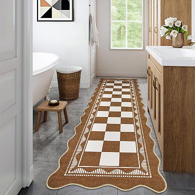 Wave Edge Checkerboard Pattern Washable Area Rug Stain ＆ Wear-Resistant Soft Low-Pile Carpet