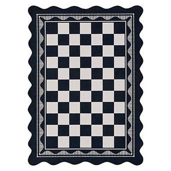 Wave Edge Checkerboard Pattern Washable Area Rug Stain ＆ Wear-Resistant Soft Low-Pile Carpet