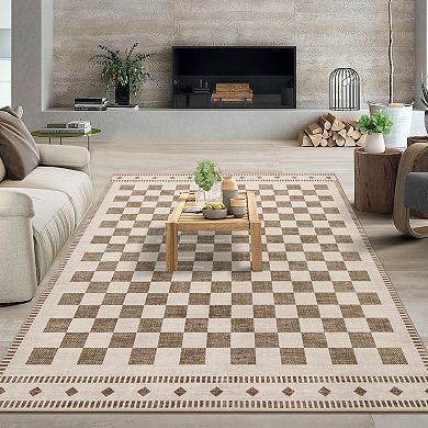 Modern Checkered Washable Area Rug Thin Low Pile Non Slip Stain Resistant Carpet for Living Room