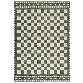 Modern Checkered Washable Area Rug Thin Low Pile Non Slip Stain Resistant Carpet for Living Room