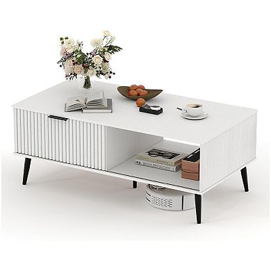Farmhouse Coffee Table with Fluted Sliding Door 2-Tier Entryway Storage Cabinet