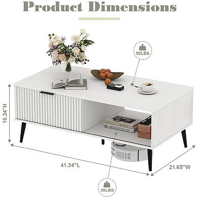 Farmhouse Coffee Table with Fluted Sliding Door 2-Tier Entryway Storage Cabinet
