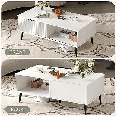 Farmhouse Coffee Table with Fluted Sliding Door 2-Tier Entryway Storage Cabinet