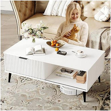 Farmhouse Coffee Table with Fluted Sliding Door 2-Tier Entryway Storage Cabinet