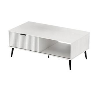 Farmhouse Coffee Table with Fluted Sliding Door 2 tier Entryway Storage Cabinet