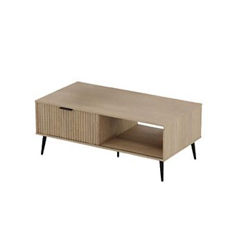 Farmhouse Coffee Table with Fluted Sliding Door 2 tier Entryway Storage Cabinet