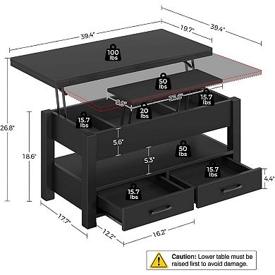 Split Lift-Top Coffee Table, Converts to Dining Table with 180° Swivel Top
